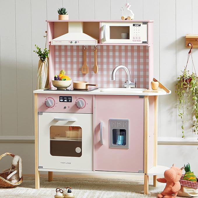 Tiny Land Play Kitchen for Kids, Wooden Kids Play Kitchen Playset Chef Pretend Play Set for Toddlers with Real Lights & Sounds, Toys Kitchen with 18 Pcs Toy Food & Cookware Accessories