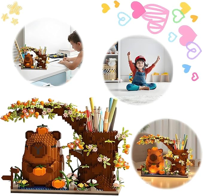 Capybara Building Blocks Set -1880PCS Cute Animals & Flowers Building Bricks Kit Kawaii Capybara Gifts Toy for Kids Age 6+, Capybara Stuff Pen Holder&Desk Organizer, Arts & Crafts for Boys Girls Adult