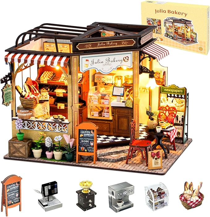 Miniature House Kit Julia Bakery, DIY Dollhouse Kit for Adults with Furniture & LED, Tiny House Kit Wooden Craft Gift for Adults Women Teens
