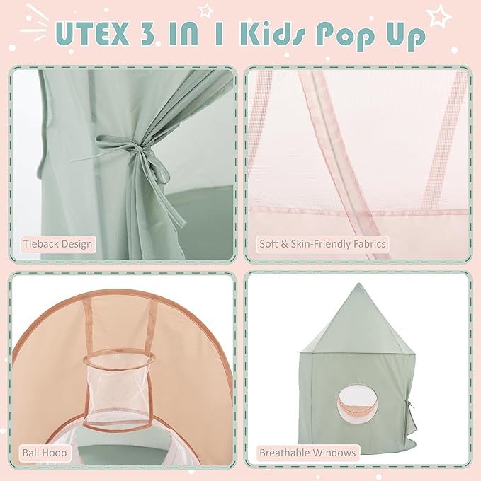 UTEX Kids Play Tent with Tunnel, 3 in 1 Pop Up Play Tent with Ball Pit, Play Crawl Tunnel for Toddler, Boys, Girls, Indoor& Outdoor Play House