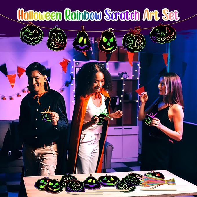 Qilery 120 Pcs Fall Halloween Scratch Paper Off Cards Magic Pumpkins Scratch Off Paper Craft Art Activities Rainbow Black Fun for Thanksgiving Party Ornaments DIY Education Game(Pumpkins)