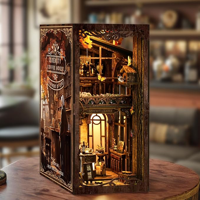 ISSEVE Book Nook Kit, DIY 3D Wooden Puzzle Dollhouse Booknook for Adults, Tiny Miniature House Kit Bookshelf Decor with LED Light and Dust Cover, Gifts for Family and Friends (Coffee House)
