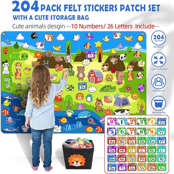 204Pcs Animals Felt Busy Board Story Set with Storage Bag Preschool Large Wall Storyboard Forest Themed Early Learning Interactive Play Kit Wall Hanging Gift for Toddlers Kids 40 X 28 Inch
