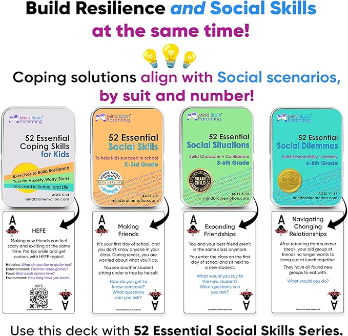 Mind Brain Emotion 52 Essential Coping Skills for Kids: Mindfulness CBT Cards for Stress, Anxiety, Anger, Executive Functioning, Coping Strategies for Anxious Generation, Family, School Therapy Game