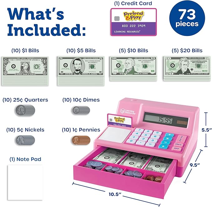 Learning Resources Pretend & Play Calculator Cash Register Pink - 73 Pieces, Ages 3+, Cash Register for Kids, Play Money for Kids, Toddlers Toys, Toy Register, for Kids