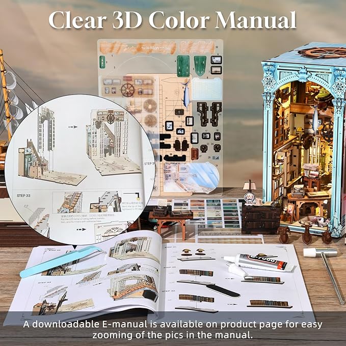DIY Book Nook Kit, Miniature Dollhouse Booknook Kit, 3D Wooden Puzzle Bookend Bookshelf Insert Decor with LED Light for Teens and Adults (Hemingway House)