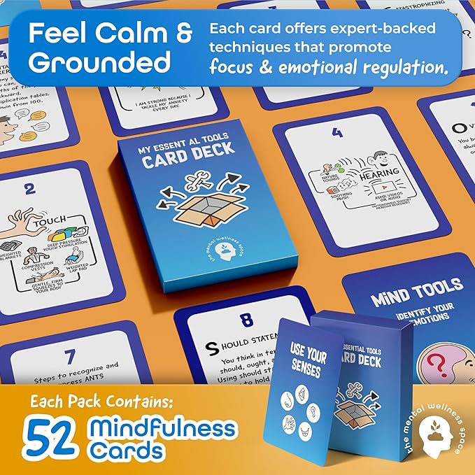My Essential Self-Care Tools Card Deck, Mindfulness Cards for Promoting Mental Coping Skills & Calm, Resilience Building for Men/Women, 1 Deck/52 Pieces with Guidebook