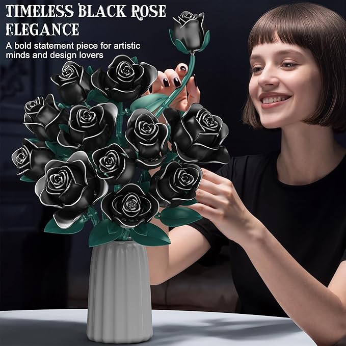 Black Rose Building Blocks Set for Kids, 634PCS Flower Bouquet Brick Toy, Romantic Gift for Girls, Women, Valentine's Day, Birthday, Mother's Day, Halloween, DIY Artificial Plant for Home Decor