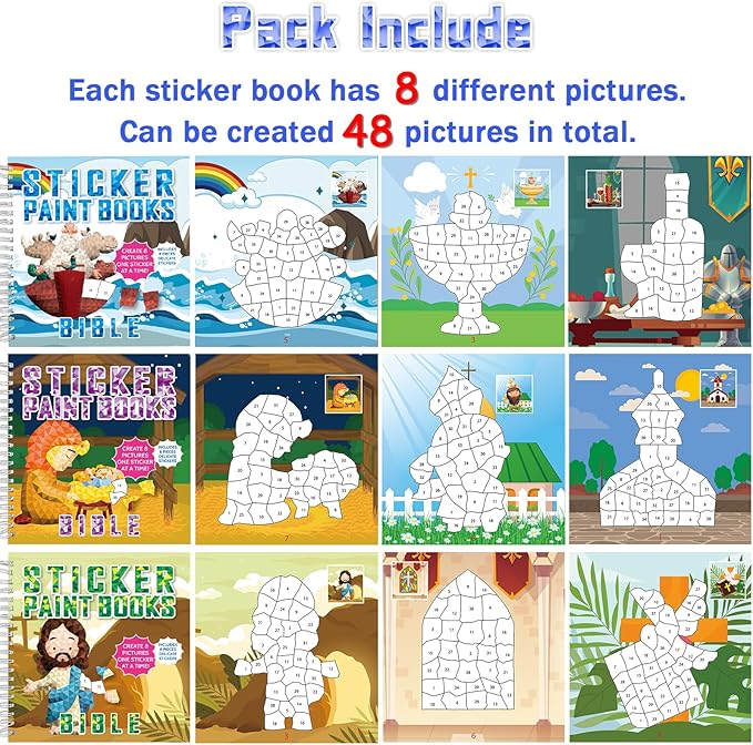 6PCS Bible Paint by Stickers for Kids Ages 4-8 2025 VBS Crafts Sticker by Number Puzzle Activity Book Christian Gift Sunday School DIY Art Kit with Religious Jesus Nativity Tree Noah’s Ark 48 Pictures