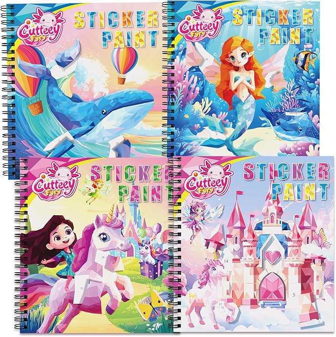 4PCS Paint by Number Sticker Book Travel Activities Essentials Toys for Girls Kids - Road Trip & Airplane & Long Car Rides, Birthday Present, Preschool Classroom Party Gifts