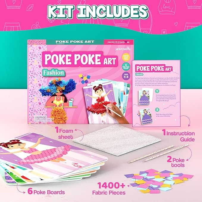 jackinthebox Poke Poke Art for Kids - Fashion Theme, Mess-Free Fabric Art and Craft, Flower Pressing Kits, Gift for Kids, Girl Gifts, Toys for Girls Ages 4 5 6 7 8