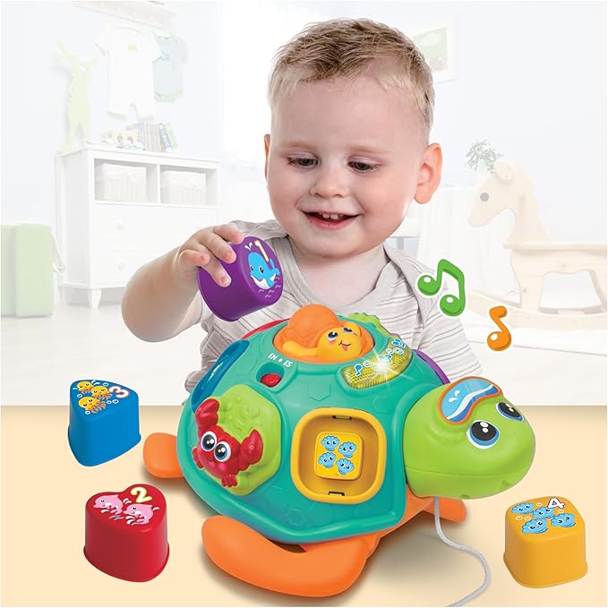 winfun Pull Along Sort 'n Learn Turtle – Shape Sorter Toy for Toddlers 12M+ with Lights, Sounds, Music, Quiz Game – Bilingual English/Spanish Educational Toy – Includes 4 Shapes & Batteries