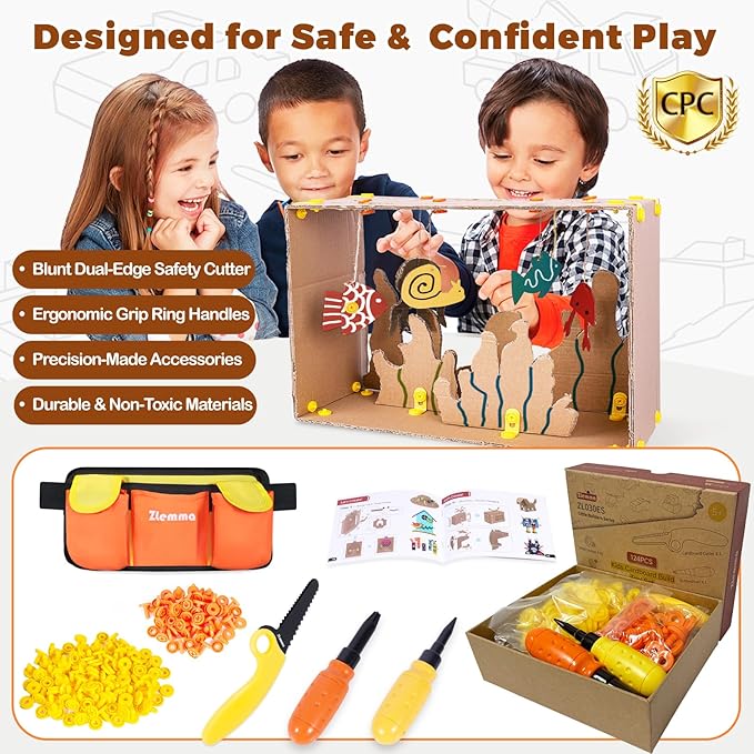 Cardboard Construction Tools Kit 124-Pieces with Waist Bag, Safety Ring Saw, Screwdriver, Waist Bag and Gift Box – Safe DIY Construction Kit for Children’s Creative Building & Crafting