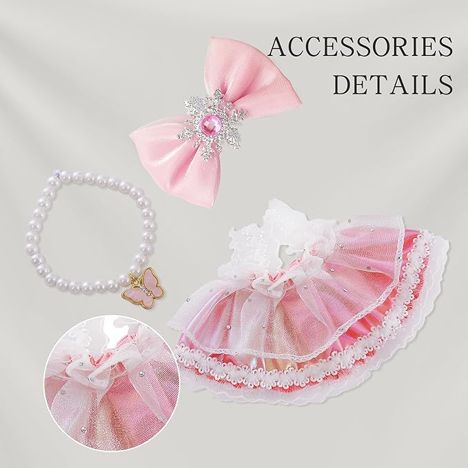 17cm Doll Clothes Set & Dolls Outfit Handmade Doll Clothing Set with Pink Dress Necklace and Bow Accessories for 17cm Plush Dolls, Clothes Only, No Doll Included (Pink B)