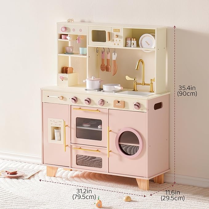 ROBUD Play Kitchen, Pink Toy Kitchen Playset with Pretend Coffee Maker & Toaster for Toddler Aged 3+, Wooden Kids Kitchen of Birthday Gift to Kids, WCF57