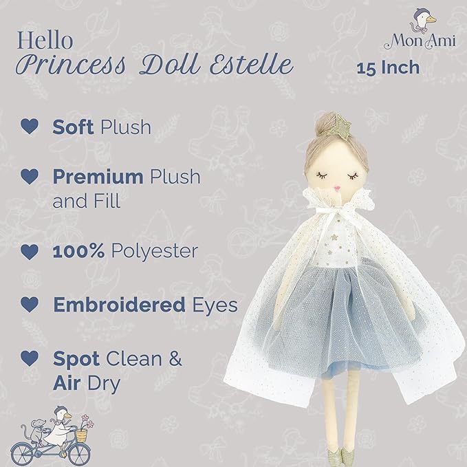 MON AMI Princess Doll Estelle – 15”, Soft & Elegant Stuffed Plush Princess Doll, Use as Toy or Room Decor, for Kids of All Ages
