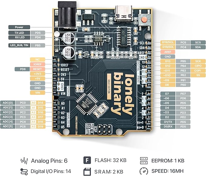 3-Pack Lonely Binary UNO R3 Development Board Gold Edition ATmega328P Type-C Microcontroller Compatible with Arduino IDE for DIY Projects and Prototyping (3 Pack - Black Gold Uno R3)
