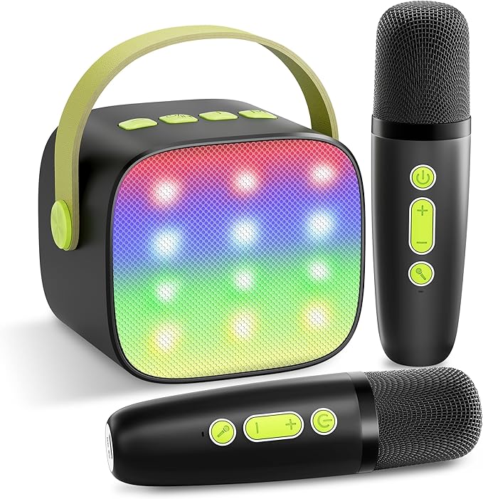 Mini Karaoke Machine with 2 Wireless Microphones, TOP Kids Gifts for Girls Ages 3, 4, 5, 6, 7, 8, 9,10,11,12 +Year Old, 4-12 Years Old Birthday Toy Gift for Girls Boys Party (Black Green)