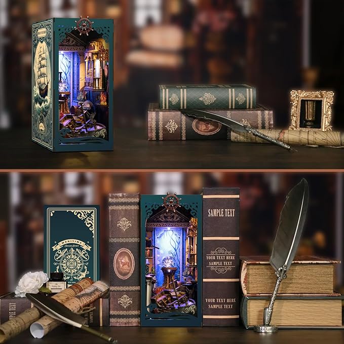ISSEVE Book Nook Kit, DIY 3D Wooden Puzzle Dollhouse Booknook for Adults, Tiny Miniature House Kit Bookshelf Decor with LED Light and Dust Cover, Gifts for Family and Friends (Sea Maze)