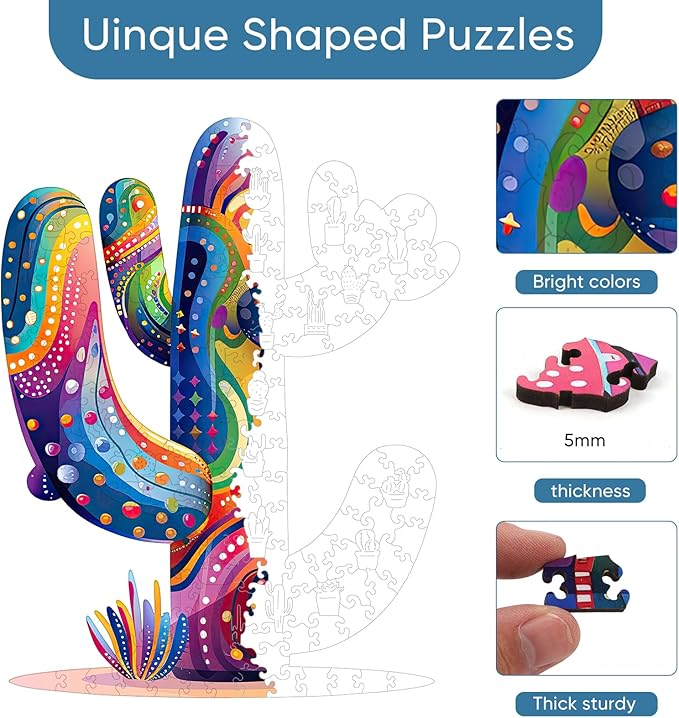 delobil Colorful Cactus Wooden Puzzles, 300 Pieces Jigsaw Puzzles 12.2'' x15.4'', Unique Design Liberty Wooden Puzzles for Adults and Kids, Family Game Gift Royal Size