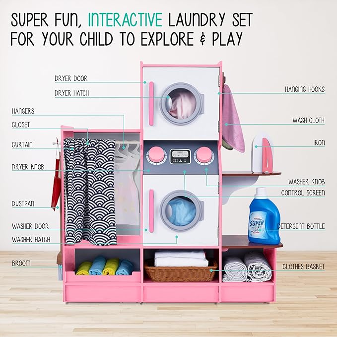 Lil’ Jumbl Kids Washer and Dryer Playset, Wooden Children's Pretend Laundry Set, Includes Broom, Dustpan, Iron, Hangers & Basket, Realistic Laundry Room for Kids - Pink