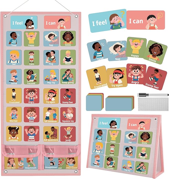 Yoink 81 Cards Feelings Chart for Kids, Emotions Chart Poster for Coping Skills, Mental Health Chart for Toddlers Emotional Learning, Calm Down Corner Supplies Preschool Homeschool Must Haves, Pink