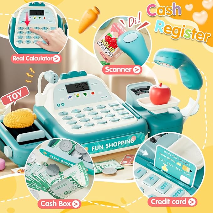 49PCS Pretend Play Cash Register Toy Set for Kids with Real Calculator,Scanner,Microphone,Conveyor Belt,Weighing Tool,Cashier Playset Realistic Gift for Toddler Kid Ages 3 4 5 6 7 8 (Green)