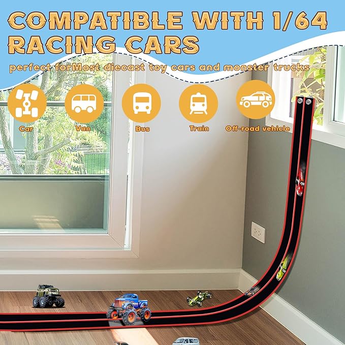 Flex Track 15 Ft Starter Set, Flexible Race Car Ramp Track for Ages 3 & Up with Suction Cups Compatible with Diecast 1/64th Cars