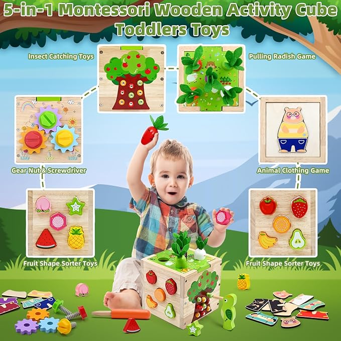 Baby Wooden Activity Cube Montessori Toys for Boys Girls Birthday Gifts, 5 in 1 Early Educational Learning Fine Motor Skill Game Toys for Toddlers Kids 18 24 Month Christmas Stocking Stuffers