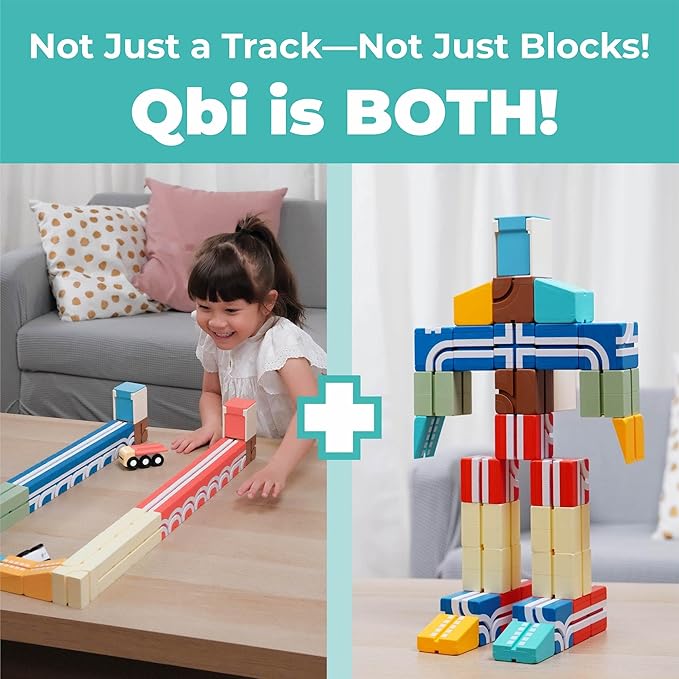 QBI Magnetic Blocks Play Starter Set｜4-in-1 STEM Building Blocks with 4 Cars & 3D Track Tiles｜Educational Sensory Magnet Toys｜Preschool Montessori Toys for Kids Ages 3-5-8 Year Old Boys and Girls
