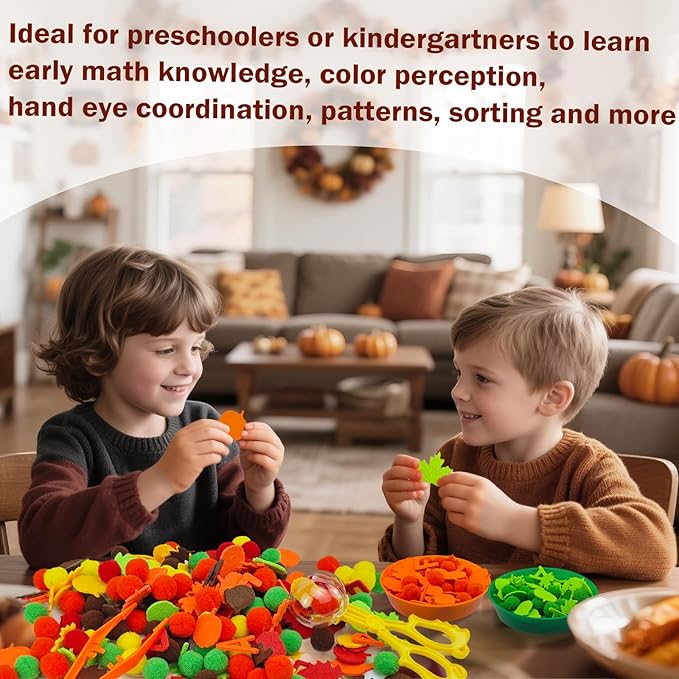 211 Pcs Fall Sensory Bin Filler Fall Sensory Bin Items Fine Motor Toys Counting Sorting 100 Pom Poms 100 Fall Felt Leaves Pumpkin 5 Sorting Cup for Fall Sorting Counting Training