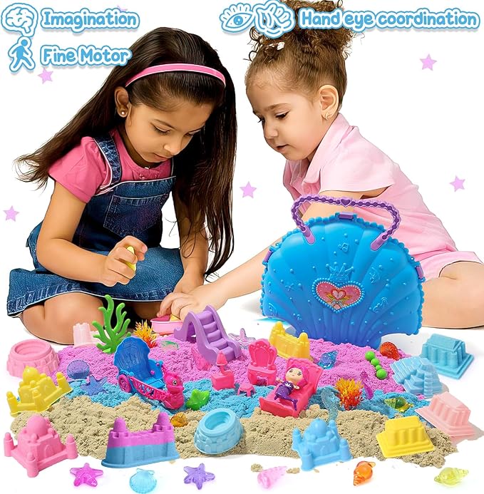 G.C Ocean Mermaid Sensory Bin for Girl Kid Toy, 2lb Play Sand/Large Sea Shell/Sandbox/ 6 Castle Molds/Figures, Mermaid Sensory Toys Christmas Birthday Gift for Toddlers Girls Age 3 4 5 6 7 8