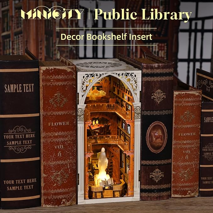 Book Nook Kit, DIY Miniature Dollhouse Booknook Kit with Led Light and Dust Cover (Public Library)