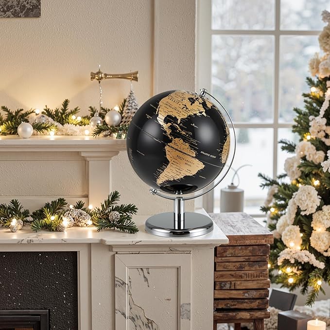 8" World Globe, Black Earth Globe with Gold Accents, Metal Stand, Non-slip Base & Time Zone, Decorative Tabletop Desk Globes for Classroom, Office & Home