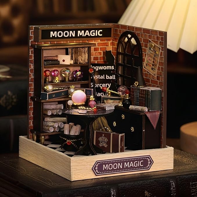 OZJAY DIY Miniature House Kit with Dust Proof Cover, 1:24 Scale Creative Room Mini DIY Wooden Dollhouse Miniature Kit for Adults Teen(Moon Magic)