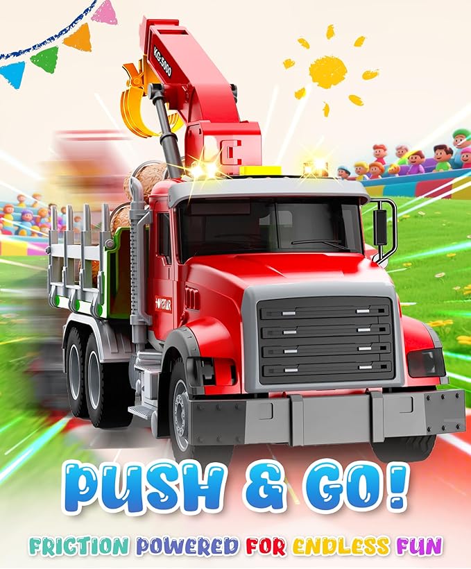 Kids Toys for 3 4 5 6 7 Years Old Boys, 15" Large Farm Truck with Loading Crane and 6 Trunks Friction Powered Truck Vehicle Toy for Toddler, Birthday Gifts for Boy Toddler Child