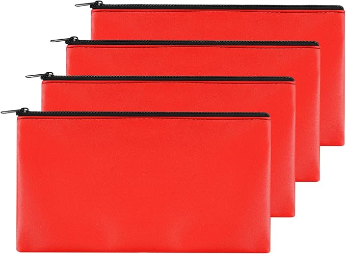4Pack Money Bag 11 X 6 ", Safe Durable Money Bags with Zipper for Cash Waterproof, Coin Money Pouch PU Leather Bank Bag, Bank Bags with Zipper for Checks Makeup Bills Receipts Tool Storage Bag (Red)