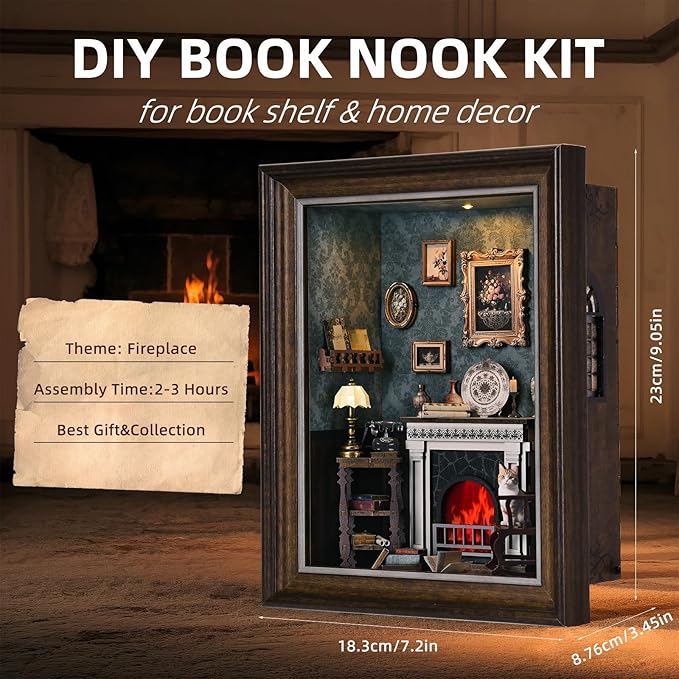 Book Nook Kit - 3D Wooden Puzzle with LED Switch Control & Wall-Mountable Frame，DIY Miniature House for Beginners，Bookshelf/Tabletop/Wall Decor for Craft Lovers，Dollhouse Gift,Fireplace