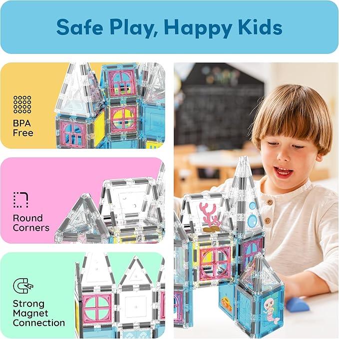 PicassoTiles 50 Piece Magnetic Tiles Mermaid Theme Magnet Building Blocks Toddler Toy Educational STEM Learning Kit Construction Set Pretend Play Preschool Kid Game Toddler Girl Boy Ages 3 & Up PTQ34