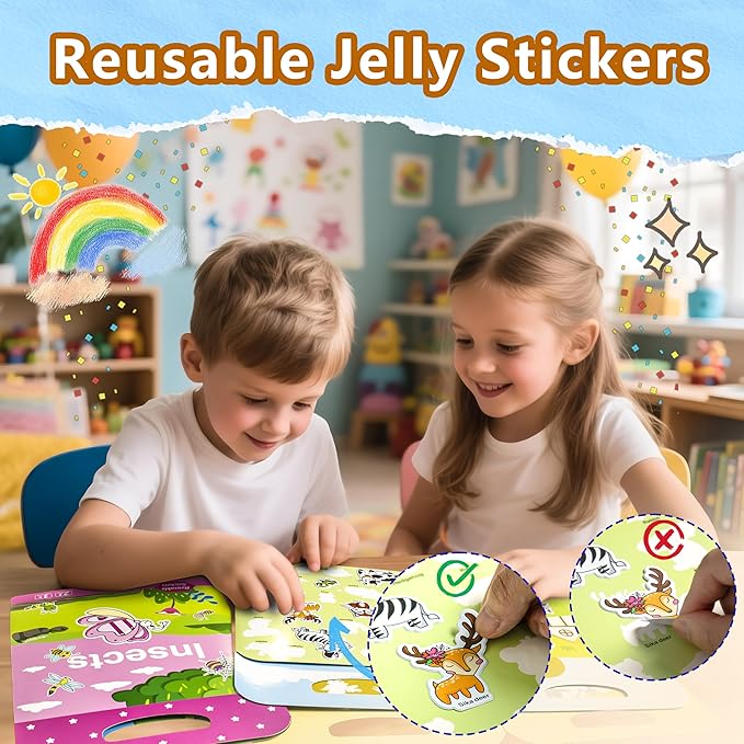 3 Pack Reusable Sticker Books for Kids, Waterproof Puffy Stickers - Match the Shape and DIY Scene, Toddler Travel Essential Quiet Time Activities Toys - Dinosaur, Animal and Insect (2-6 Age)