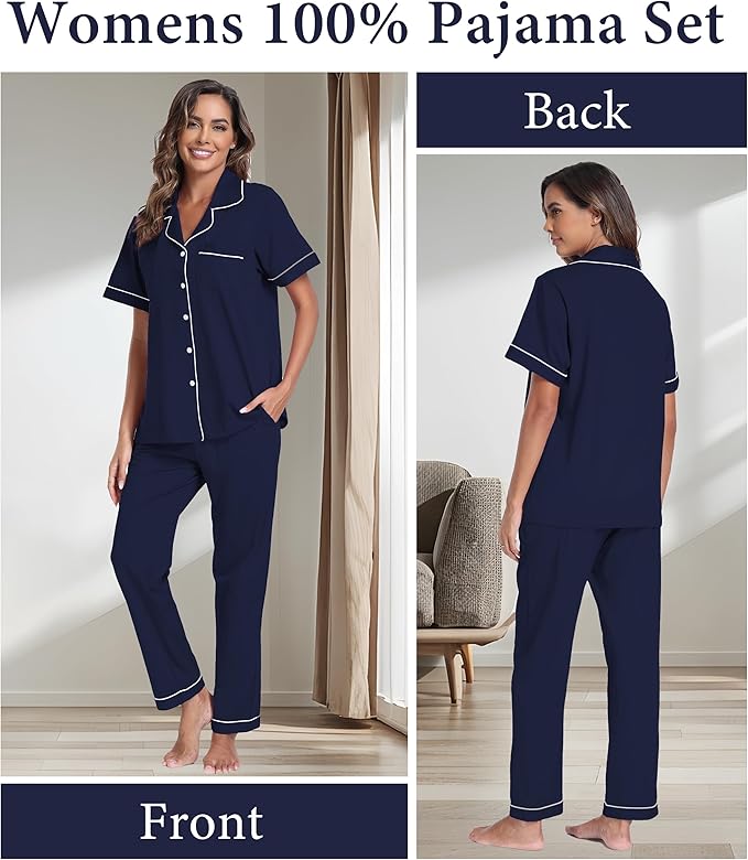 CF Womens 100% Cotton Pajamas Set Button Down Pjs Sets Short Sleeve Top & Long Pants Sleepwear Comfy Loungewear with Pockets