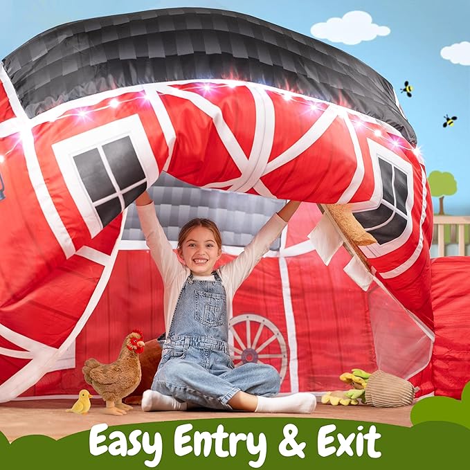 W&O Farmhouse Barn Aerodome with LED Lights & Farm Sound Button – Inflatable Farm Play Tent – Kids Play Tent Indoor – Sets Up in Seconds for Ages 3-12 (Fan Not Included)