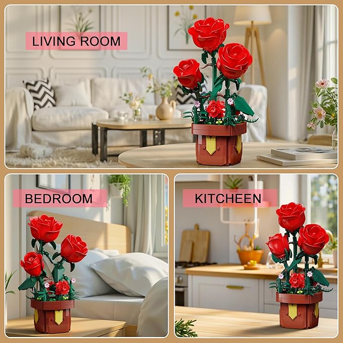 Roses Flowers Botanical Building Blocks Set,Artificial Plants Bonsai Building Toys with Pot,Indoor Display for Home Office Decor,Christmas Birthday Gift for Adult Women Girls Age 8-12(307Pcs)