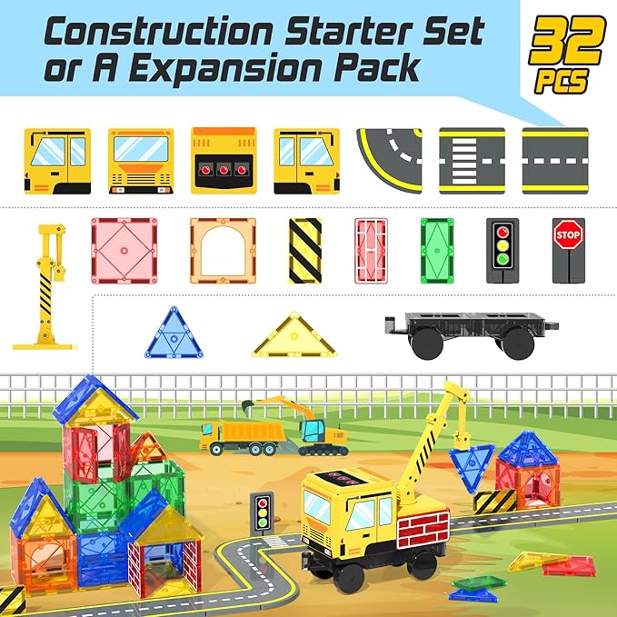 Magnetic Tiles Magnetic Building Blocks Crane Truck STEM Building Toys for Kids 3 4 5 6 7 8 Year Old Boys Girls Birthday Xmas Gifts