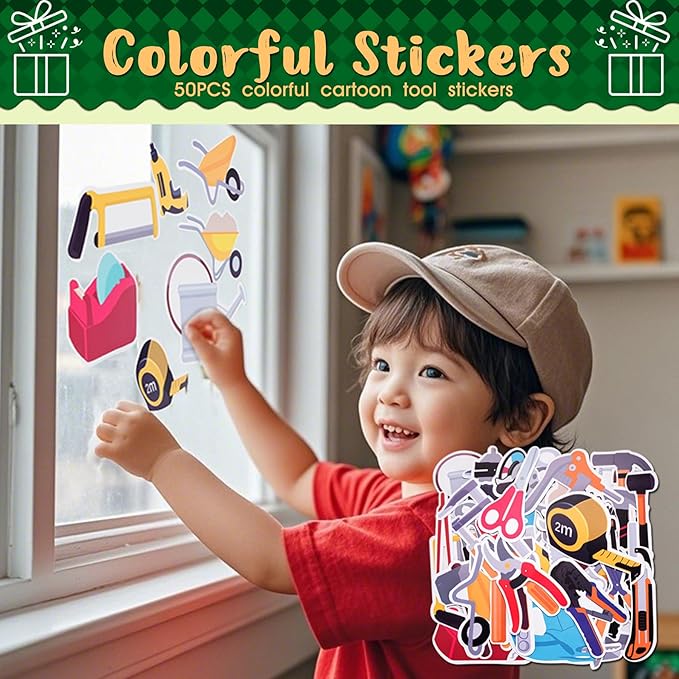 REXBETI Kids Tool Set, 43Pcs Wooden Toddler Tool Bench with Electric Drill, Apron and A Pack Stickers(50pcs), Montessori Construction Toddler Tool Set