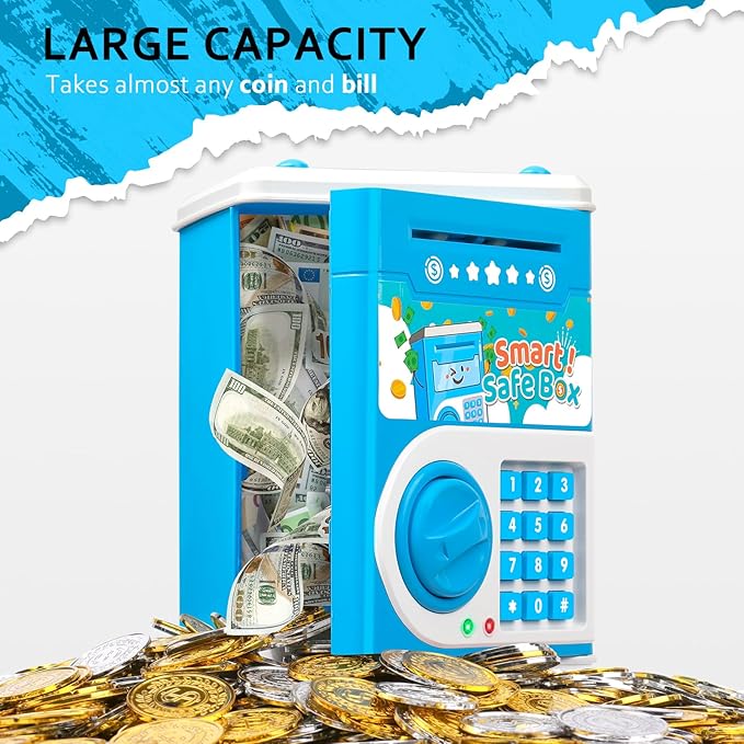 ATM Piggy Bank for Boys Girls, Vcertcpl Mini ATM Coin Bank Money Saving Box with Password Code, Kids Safe Money Jar for Real Money with Auto Grab Bill Slot, Great Gift Toy Bank for Kids (Blue)