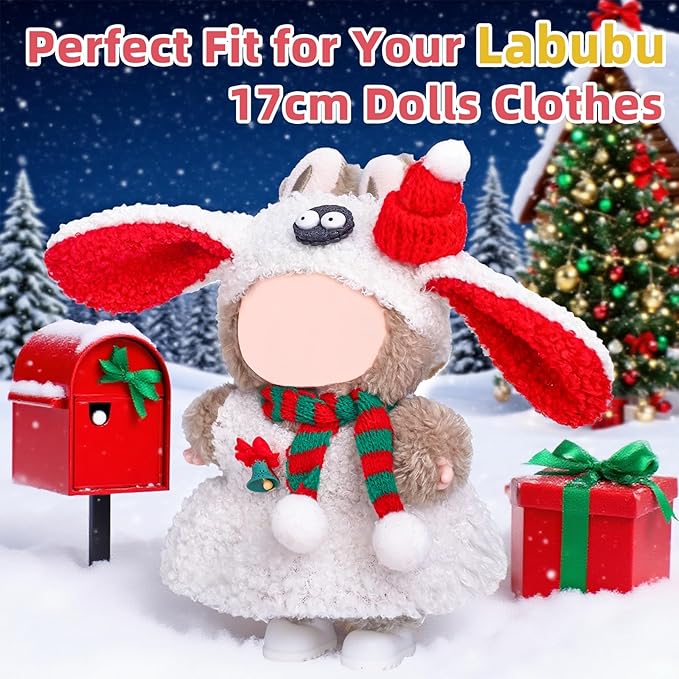 17cm Doll Clothes Designer Set-4 Piece Set Clothing for Dolls, Boys and Girls Stylish Adorable Outfits Clothes Accessories, Includes—Cute Sheep Hat + Plush Dress + Christmas Scarf + Shoes(Style E)