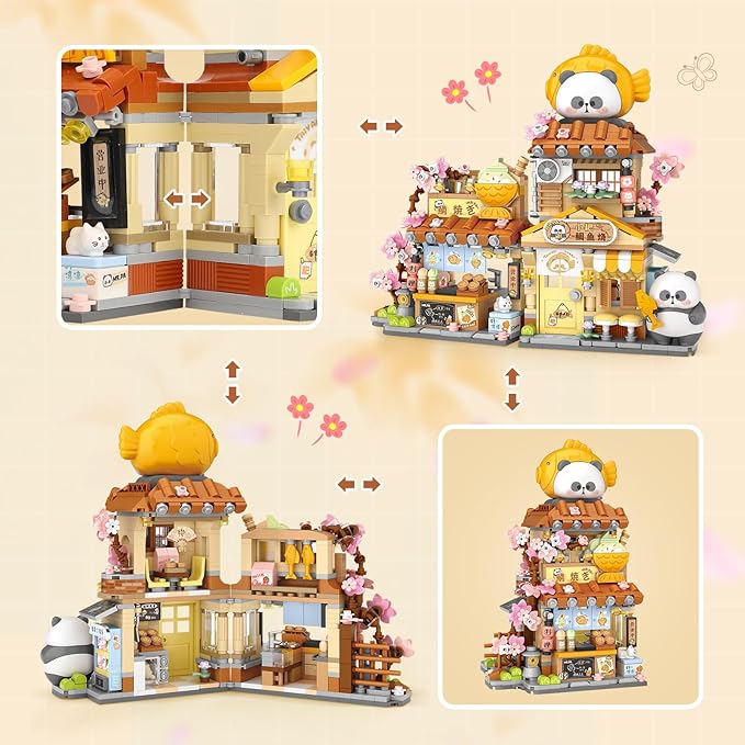 Japanese Street View Taiyaki Shop Mini Building Blocks, MOC Creative Building Toys Cute Panda Building Set for Kids 6-12, Simulation Architecture Construction Toy, Gift Idea for Kids Adults (858 PCS)