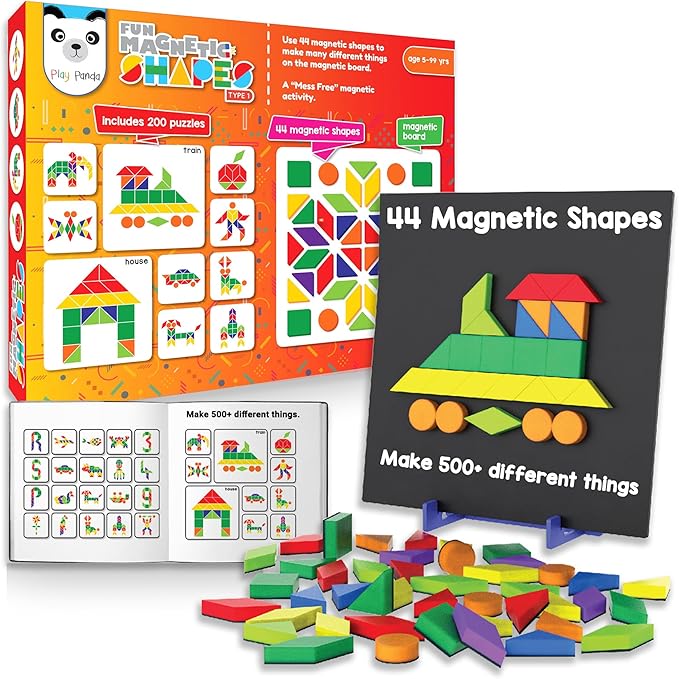 Magnetic Tangram Puzzle Educational Toy| 200 Patterns, 44 Magnet Tangram Pieces with Board, Pattern Book & Display Stand | STEM Learning Toys for Toddlers Ages 4 5 6+ Years|Gifts for Girls & Boys