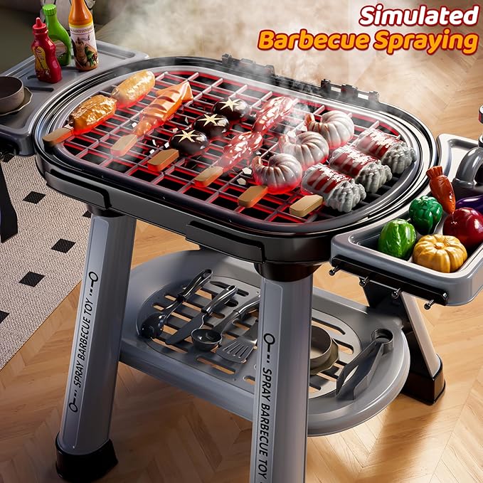Kids Grill Playset for Toddlers 3-5, 2-Layer Outdoor BBQ Cooking Toy with Smoke, Lights and Sounds, Backyard Pretend Play Kitchen Set, Outside Toys for Boys and Girls